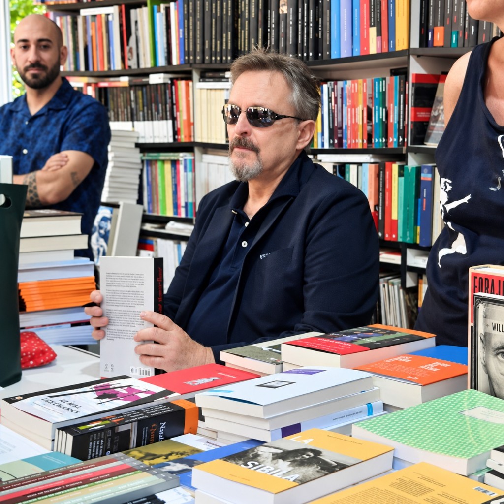 Miguel Bosé sentado entre libros en una caseta de la Feria del Libro de Madrid, con gafas de sol, sosteniendo un ejemplar