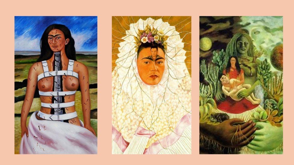 Tres pinturas de Frida Kahlo: La columna rota, Diego y yo, y El abrazo de amor del Universo