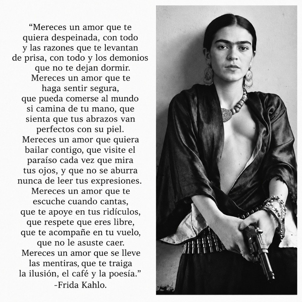 Retrato de Frida Kahlo junto al texto Mereces un amor, que te quiera despeinada…