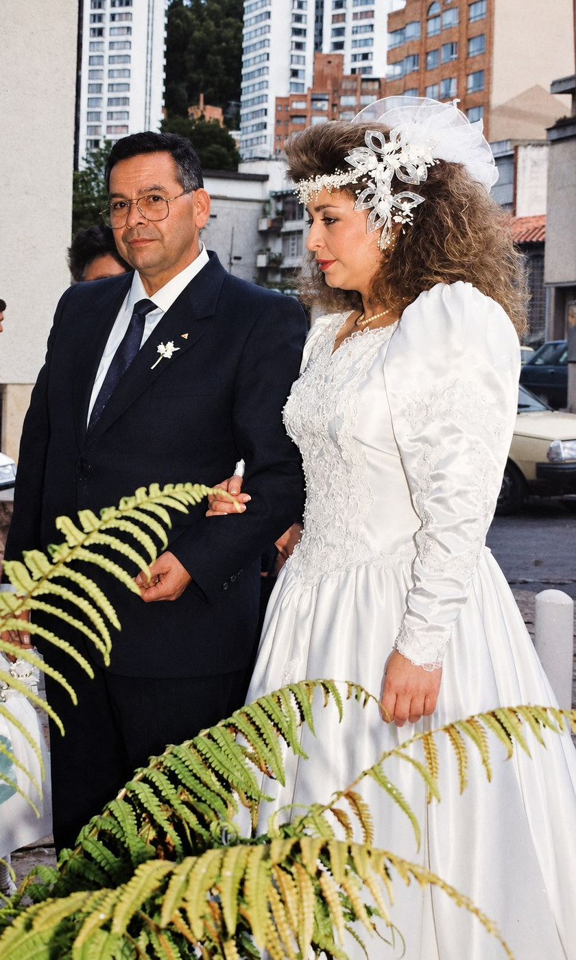 Alexandra del brazo de su padre, frente a la iglesia, el día de su boda