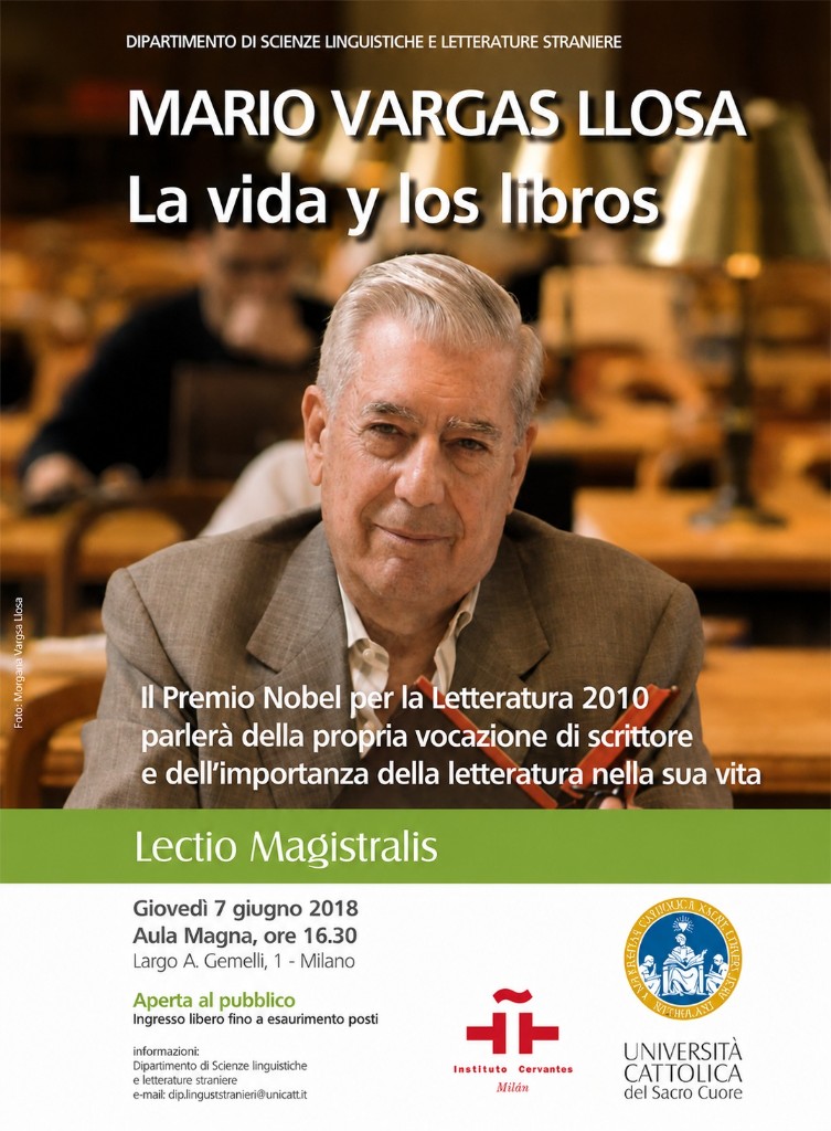 Cartel de la conferencia La vida y los libros, de Mario Vargas Llosa, en Milán